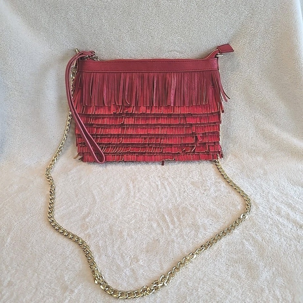 Pink Haley Red Fringe Faux-Leather Crossbody Purse Y2K Festival Gold Chain Strap